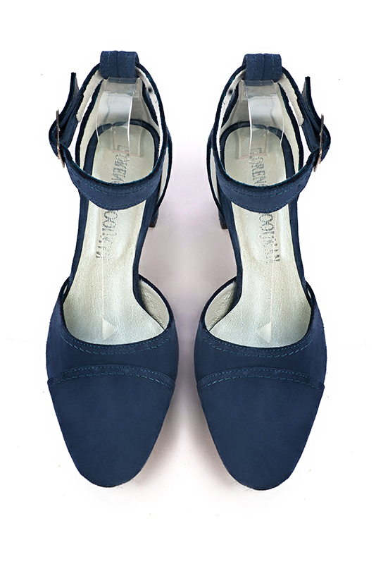 Navy blue women's open side shoes, with a strap around the ankle. Round toe. Medium flare heels. Top view - Florence KOOIJMAN